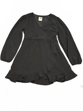 Black Long Sleeve Wrap Dress with Ruffle Hem